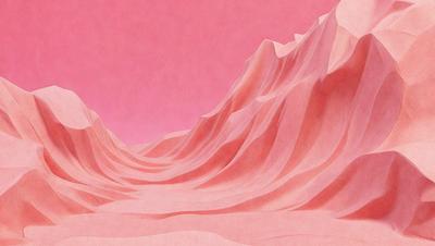 The primary subject of the image is a large, pink mountain. The setting is a desert landscape, with the mountain rising up in the background. The visual style is a combination of digital art and illustration, creating a unique and eye-catching image. The dominant colors are pink and red, giving the scene a warm and vibrant atmosphere.