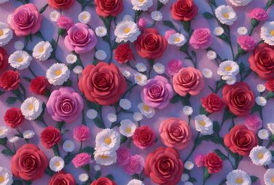The primary subject of the image is a close-up of a pink rose. The setting is a wall with a pattern of pink and white flowers. The visual style is a combination of photo and digital art, creating a realistic and vibrant appearance. The dominant colors are pink and white, giving the image a warm and fresh atmosphere.