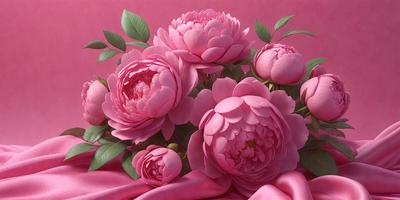 The primary subject of the image is a bouquet of pink flowers. The flowers are arranged in a vase, creating a beautiful and elegant display. The setting is a pink background, which complements the color of the flowers and adds to the overall visual appeal. The visual style of the image is a painting, which showcases the artist's skill in capturing the beauty of the flowers and their arrangement. The colors and mood of the image are predominantly pink, creating a warm and inviting atmosphere.