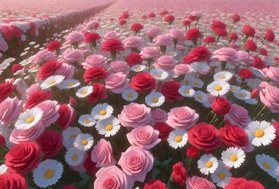 The primary subject of the image is a field of flowers, predominantly pink and white. The setting is a lush, colorful garden with a variety of flowers. The visual style is a combination of photo and digital art, creating a vibrant and realistic representation of the flowers. The colors and mood of the image are predominantly pink and white, giving it a warm and inviting atmosphere.