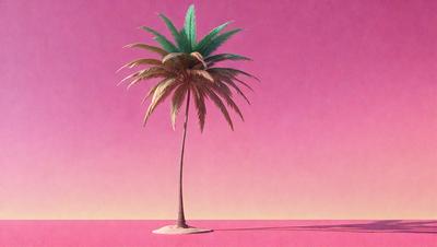 The primary subject of the image is a tall, skinny palm tree with a green crown. The tree is standing on a sandy beach, with a pink sky in the background. The visual style of the image is a digital art or illustration, creating a vibrant and colorful scene. The dominant colors in the image are pink and green, giving the scene a warm and inviting atmosphere.