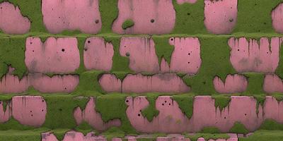 The primary subject of the image is a brick wall with green moss growing on it. The setting is an outdoor environment, and the visual style appears to be a photo. The dominant colors are pink and green, creating a mood of natural growth and decay.