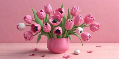 The primary subject of the image is a bouquet of pink flowers in a pink vase. The flowers are arranged in a visually appealing manner, creating a sense of freshness and beauty. The setting is a pink table, which adds to the overall color theme of the scene. The visual style of the image is a close-up of the flowers, allowing the viewer to appreciate the details of the bouquet. The colors and mood of the image are predominantly pink, which evokes feelings of warm