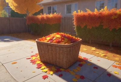 The primary subject of the image is a woven basket filled with autumn leaves. The basket is placed on a sidewalk, and the surrounding environment includes a house and a fence. The visual style of the image is a digital art, and the colors and mood are dominated by the warm hues of autumn leaves.
