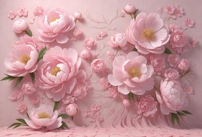 The primary subject of the image is a wall covered in pink flowers. The setting is a room with a pink background, and the visual style is a painting or drawing. The dominant colors are pink and white, creating a warm and inviting atmosphere.