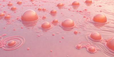 The primary subject of the image is a pink liquid with bubbles floating in it. The setting is a pink surface, which could be a wall or a background. The visual style appears to be a digital art or illustration, as the bubbles are depicted in a realistic manner. The colors and mood of the image are predominantly pink, creating a warm and inviting atmosphere.