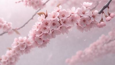 The primary subject of the image is a branch with pink flowers on it. The setting is a white background, which creates a clean and minimalist appearance. The visual style is a combination of photo and digital art, as the flowers are depicted in a realistic manner, while the overall atmosphere is serene and calming.