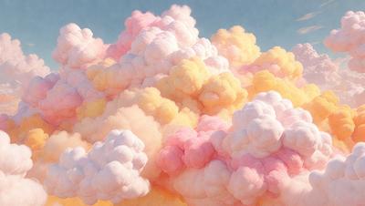 The primary subject of the image is a cloud made of cotton candy, which is a creative and whimsical representation of a cloud. The setting is a sky, and the visual style is a combination of photo and digital art. The cloud is predominantly pink and white, creating a playful and cheerful atmosphere.