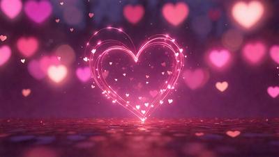 The primary subject of the image is a heart-shaped light, which is pink and glowing. The heart is floating in the air, and it appears to be a digital art or illustration. The setting is a dark background, which contrasts with the bright pink heart. The visual style gives the impression of a magical or whimsical scene. The colors and mood of the image are predominantly pink, creating a warm and inviting atmosphere.