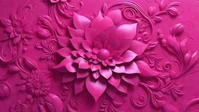 The primary subject of the image is a large, intricately designed pink flower. The flower is the main focus of the image, and it is set against a pink background. The visual style of the image is a combination of photo and digital art, creating a vibrant and eye-catching display. The dominant colors in the image are pink and purple, giving the scene a warm and inviting atmosphere.