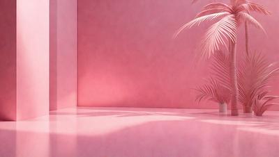 The primary subject of the image is a pink wall with a palm tree in the background. The setting is a room with a pink wall, and the visual style is a photo. The dominant colors are pink and white, creating a warm and inviting atmosphere.