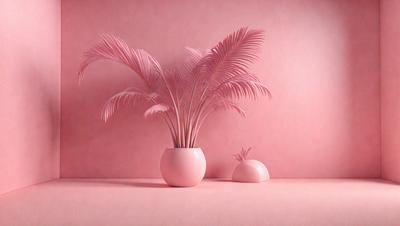 The primary subject of the image is a pink vase with a plant inside, placed on a pink table. The setting is a pink wall, which creates a warm and inviting atmosphere. The visual style is a combination of photo and digital art, as the vase and plant appear to be realistic, while the pink wall and table are digitally created. The colors and mood of the image are predominantly pink, giving it a feminine and cozy feel.