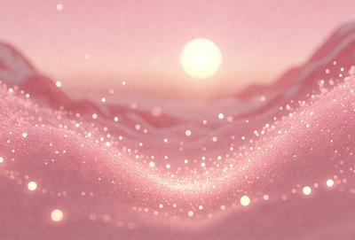 The primary subject of the image is a beautifully lit, pink mountain range. The setting is a sunset, with the sun shining brightly in the sky. The visual style is a combination of photo and digital art, creating a stunning and surreal landscape. The colors and mood of the image are predominantly pink, with a warm and serene atmosphere.