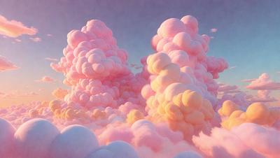 The primary subject of the image is a cloudy sky filled with pink and white clouds. The setting is a beautiful, colorful, and whimsical environment. The visual style is a combination of photo and digital art, creating a unique and vibrant atmosphere. The colors and mood of the image are predominantly pink and white, giving it a soft, dreamy, and whimsical feel.