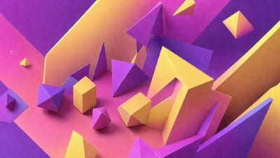 The primary subject of the image is a collection of geometric shapes, including cubes and triangles, arranged in a visually appealing manner. The shapes are primarily yellow, purple, and pink, creating a vibrant and colorful scene. The setting is a purple background, which contrasts with the shapes and adds depth to the image. The visual style is a combination of digital art and illustration, showcasing the artist's creativity and skill in designing and arranging the shapes. The overall atmosphere is