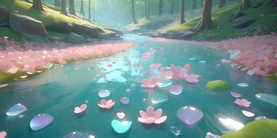 The primary subject of the image is a body of water, which appears to be a river or a lake. The water is filled with floating flowers, creating a serene and picturesque scene. The setting is outdoors, with the water surrounded by trees, adding to the natural ambiance. The visual style of the image is digital art, as it is a computer-generated representation of the scene. The colors and mood of the image are predominantly pink and calming, with the flowers and water creating a sense of tran