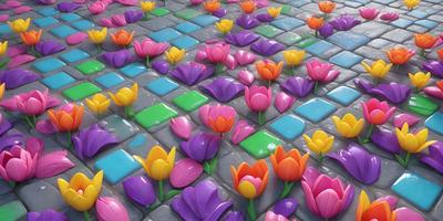 The primary subject of the image is a colorful mosaic of flowers, including purple, yellow, and orange tulips, arranged on a brick or stone surface. The setting appears to be a walkway or a decorative area, with the flowers creating a vibrant and lively atmosphere. The visual style of the image is a combination of digital art and illustration, with the flowers and their arrangement skillfully crafted to create a visually appealing and engaging scene.