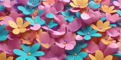The primary subject of the image is a large group of colorful paper flowers. The flowers are made of paper and are arranged in a visually appealing manner. The setting is a colorful background, which adds to the vibrant atmosphere of the scene. The visual style of the image is a combination of photo and digital art, creating a unique and eye-catching display. The dominant colors in the image are pink, purple, blue, and yellow, which contribute to a cheerful and lively mood.