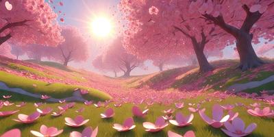 The primary subject of the image is a field of pink flowers, with a sunny atmosphere. The setting is a lush, pink-flowered hillside, and the visual style is a combination of photo and digital art. The dominant colors are pink and white, creating a serene and peaceful mood.