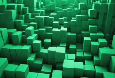 The primary subject of the image is a large, green, three-dimensional grid of cubes. The setting is a green background, which creates a visually appealing contrast with the green cubes. The visual style is a digital art or illustration, as the cubes are arranged in a complex pattern. The colors and mood of the image are predominantly green, giving it a calm and soothing atmosphere.
