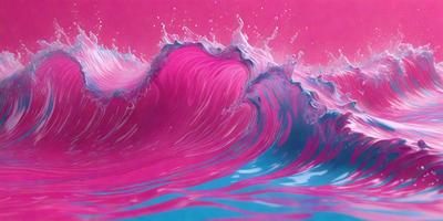 The primary subject of the image is a large, pink wave with blue and purple accents. The wave is crashing down, creating a dynamic and visually striking scene. The setting is a body of water, with the wave being the main focus of the image. The visual style is a combination of digital art and illustration, creating a vibrant and engaging scene. The dominant colors in the image are pink, blue, and purple, giving the scene a lively and energetic atmosphere.