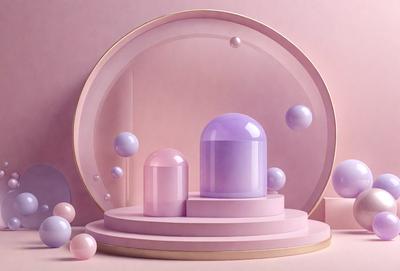 The primary subject of the image is a purple sphere, which is placed on a pink pedestal. The setting is a pink background, and the visual style appears to be a digital art or illustration. The colors and mood of the image are predominantly pink and purple, creating a warm and inviting atmosphere.