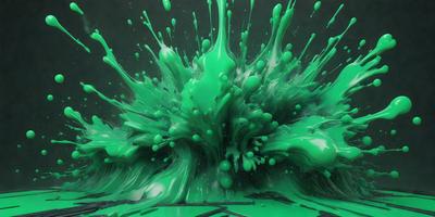 The primary subject of the image is a close-up of a green, splashy, and colorful substance, which appears to be a mix of paint and water. The setting is a dark background, which contrasts with the vibrant green substance. The visual style is a combination of a photo and digital art, creating a unique and artistic representation of the green substance. The colors and mood of the image are predominantly green, with a sense of energy and movement, as the green substance appears to