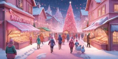 The primary subject of the image is a large pink Christmas tree, which is the centerpiece of a festive scene. The setting is a snowy street with a crowd of people walking around and enjoying the holiday atmosphere. The visual style is a combination of photo and digital art, creating a vibrant and lively scene. The colors and mood are predominantly pink and festive, with the snowy street adding a touch of coldness to the overall atmosphere.