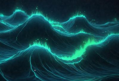 The primary subject of the image is a large, glowing mountain with a blue and green color scheme. The mountain is surrounded by a dark blue background, creating a striking contrast. The visual style of the image is a combination of digital art and illustration, giving it a unique and artistic appearance. The colors and mood of the image are predominantly blue and green, with a sense of depth and tranquility.