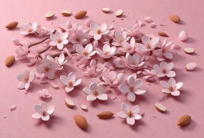 The primary subject of the image is a pink background with a branch of pink flowers scattered across it. The flowers are white and pink, creating a visually appealing and vibrant scene. The setting appears to be a pink surface, possibly a table or a wall, which complements the color of the flowers. The visual style of the image is a close-up of the flowers on the pink background, emphasizing the beauty of the flowers and their delicate petals. The colors and mood of the image
