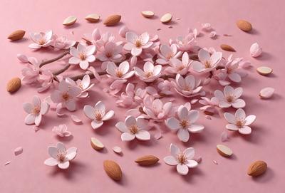 The primary subject of the image is a pink background with a branch of pink flowers scattered across it. The flowers are white and pink, creating a visually appealing and vibrant scene. The setting appears to be a pink surface, possibly a table or a wall, which complements the color of the flowers. The visual style of the image is a close-up of the flowers on the pink background, emphasizing the beauty of the flowers and their delicate petals. The colors and mood of the image