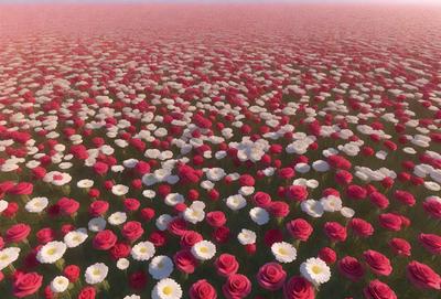 The primary subject of the image is a field of flowers, predominantly red and white. The setting is a vast, open field with a sky background. The visual style is a combination of photo and digital art, creating a vibrant and lively atmosphere. The colors and mood of the image are predominantly warm and inviting, with the red and white flowers standing out against the sky background.