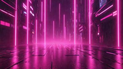 The primary subject of the image is a pink neon-lit room with a futuristic, industrial setting. The room is filled with pink neon lights, creating a unique and visually striking atmosphere. The setting is a futuristic city, with a large building in the background. The visual style of the image is a combination of digital art and illustration, giving it a surreal and futuristic appearance. The dominant colors in the image are pink and purple, which contribute to the overall mood of the