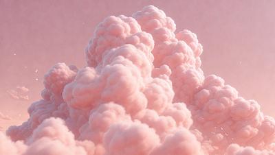 The primary subject of the image is a large, pink cloud. The cloud is floating in a pink sky, creating a visually striking scene. The setting appears to be a surreal, dreamlike environment, with the cloud as the main focus. The visual style of the image is a combination of photo and digital art, giving it a unique and artistic appearance. The dominant colors in the image are pink and purple, creating a warm and inviting atmosphere.