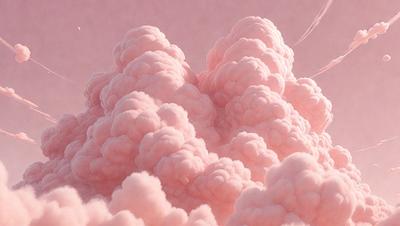 The primary subject of the image is a large, pink cloud. The cloud is surrounded by a purple sky, creating a visually striking scene. The setting appears to be a digital art or illustration, as the cloud is depicted in a detailed and artistic manner. The overall atmosphere of the image is vibrant and lively, with the pink and purple colors evoking a sense of warmth and energy.
