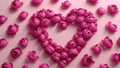 The primary subject of the image is a heart-shaped arrangement of pink flowers. The heart is made up of multiple pink flowers, creating a visually appealing and romantic display. The setting is a pink background, which complements the vibrant colors of the flowers. The visual style of the image is a combination of photo and digital art, as it captures the beauty of the flowers in a creative and artistic manner. The colors and mood of the image are predominantly pink, which ev