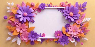 The primary subject of the image is a picture frame with a purple and pink flower design. The frame is adorned with purple and pink flowers, creating a visually appealing and colorful scene. The setting is a yellow background, which adds warmth and brightness to the overall atmosphere. The visual style of the image is a combination of digital art and illustration, showcasing the intricate details of the flower design. The colors and mood of the image are predominantly warm and cheerful, with