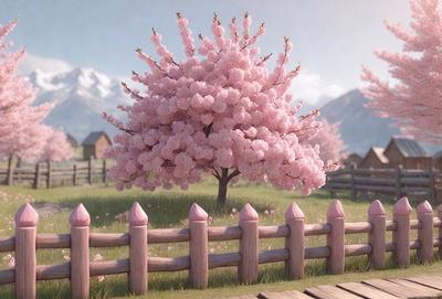 The primary subject of the image is a pink flowering tree with a fence in the foreground. The tree is filled with pink flowers, creating a beautiful and vibrant scene. The setting is a grassy field, and the visual style appears to be a digital art or illustration. The colors and mood of the image are predominantly pink, creating a warm and inviting atmosphere.