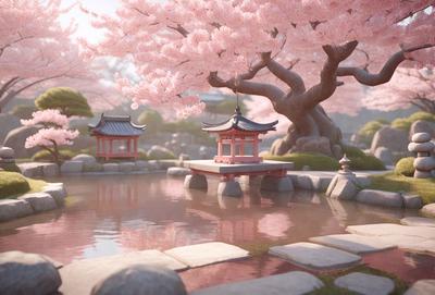 The primary subject of the image is a beautiful garden with a pond and a tree. The garden features a variety of flowers, including cherry blossoms, which are scattered throughout the scene. The setting is a serene and picturesque environment, perfect for relaxation and enjoyment. The visual style of the image is a combination of realism and digital art, creating a stunning and vibrant scene. The colors and mood of the image are predominantly pink and calming, reflecting the beauty and tranqu
