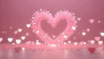 The primary subject of the image is a heart-shaped pattern made of pink hearts. The setting is a pink background, and the visual style is a digital art or illustration. The hearts are scattered all over the surface, creating a vibrant and lively atmosphere.