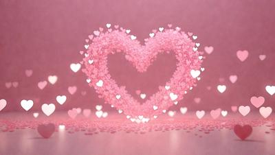 The primary subject of the image is a heart-shaped pattern made of pink hearts. The setting is a pink background, and the visual style is a digital art or illustration. The hearts are scattered all over the surface, creating a vibrant and lively atmosphere.