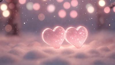 The primary subject of the image is a pair of pink hearts, which are the main objects in the scene. The hearts are placed on a cloudy background, giving the scene a soft and dreamy atmosphere. The visual style of the image is a combination of photo and digital art, creating a unique and artistic representation of the hearts. The dominant colors in the image are pink, which gives the hearts a warm and romantic appearance.