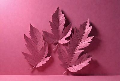 The primary subject of the image is a set of three pink leaves, which are the main objects in the scene. The leaves are arranged on a pink background, creating a visually striking contrast. The visual style of the image is a combination of digital art and illustration, as the leaves are depicted in a detailed and realistic manner. The colors and mood of the image are predominantly pink, giving it a warm and inviting atmosphere.