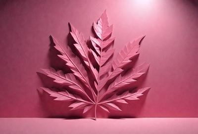 The primary subject of the image is a pink paper leaf, which is the main object, scene, or focus of the image. The setting is a pink wall, and the visual style is a combination of photo and digital art. The dominant colors are pink and red, creating a warm and vibrant atmosphere.