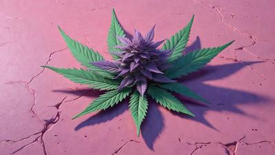 The primary subject of the image is a purple marijuana plant with green leaves. The plant is placed on a pink surface, which could be a painting or a real surface. The visual style of the image is a combination of photo and digital art, creating a unique and artistic representation of the marijuana plant. The colors and mood of the image are predominantly purple and pink, giving it a vibrant and lively atmosphere.