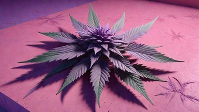The primary subject of the image is a purple marijuana plant with a large purple flower. The plant is sitting on a pink surface, which serves as the setting or background. The visual style of the image is a combination of photo and digital art, creating a realistic yet artistic representation of the plant. The dominant colors in the image are purple and pink, giving the scene a vibrant and lively atmosphere.