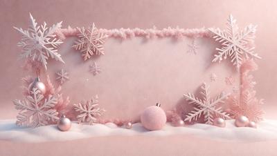 The primary subject of the image is a pink background with a snowflake pattern. The setting is a winter scene, and the visual style is a combination of digital art and illustration. The colors are predominantly pink, and the overall atmosphere is warm and festive.