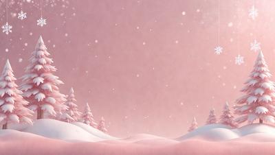 The primary subject of the image is a snowy landscape with a pink sky. The setting is a winter scene with snow-covered trees and a pink sky. The visual style is a digital art or illustration, creating a serene and peaceful atmosphere. The colors and mood are predominantly pink, which adds a sense of warmth and tranquility to the scene.