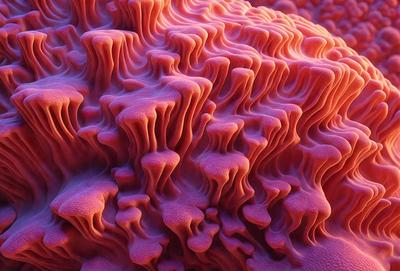 The primary subject of the image is a large, pink, and purple mushroom with a wavy texture. The mushroom is the main focus of the image, and it is set against a pink background. The visual style of the image is a close-up of the mushroom, showcasing its unique texture and color. The colors and mood of the image are predominantly pink and purple, creating a warm and inviting atmosphere.