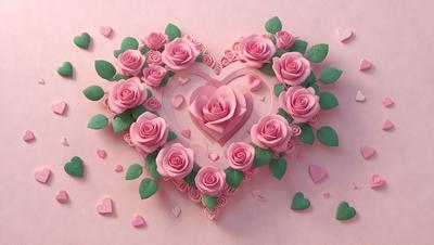The primary subject of the image is a heart-shaped arrangement of pink roses. The heart is made of paper, and the roses are placed in various positions around it. The setting is a pink background, which complements the color of the roses. The visual style is a combination of digital art and illustration, creating a beautiful and intricate design. The colors and mood of the image are predominantly pink, which gives it a warm and romantic atmosphere.